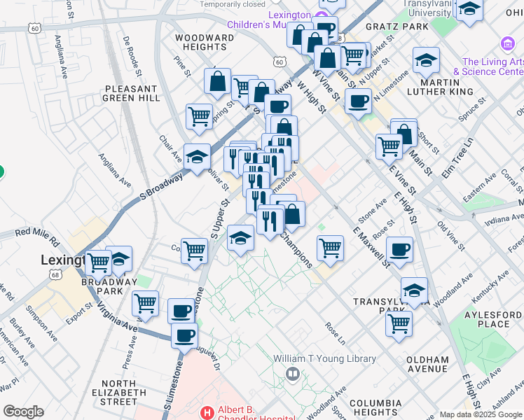 map of restaurants, bars, coffee shops, grocery stores, and more near 111 Avenue of Champions in Lexington