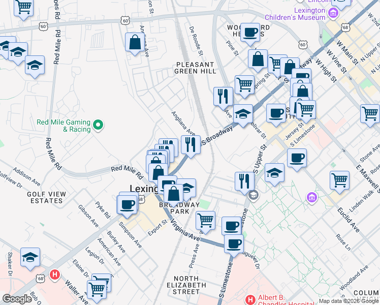 map of restaurants, bars, coffee shops, grocery stores, and more near South Broadway in Lexington