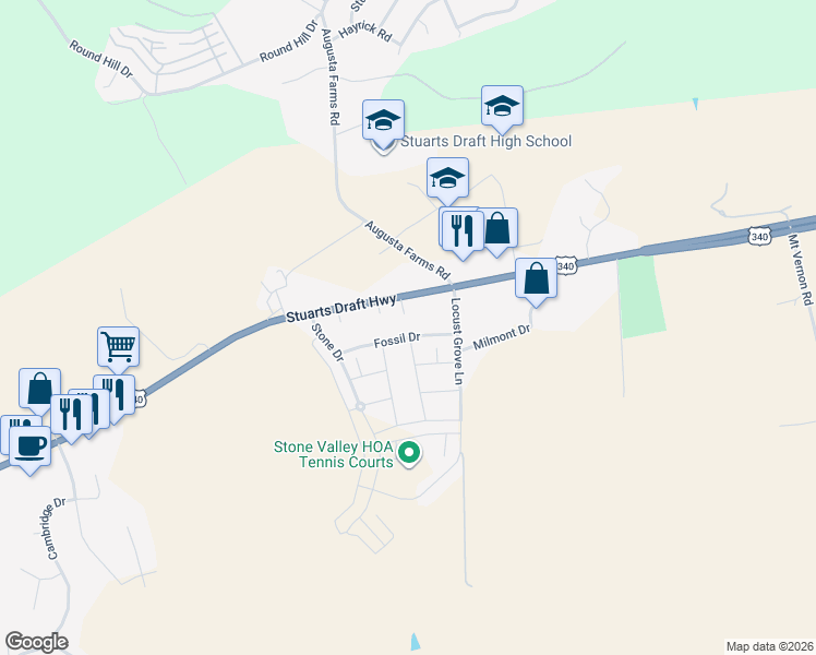 map of restaurants, bars, coffee shops, grocery stores, and more near 3193 Stuarts Draft Hwy in Stuarts Draft