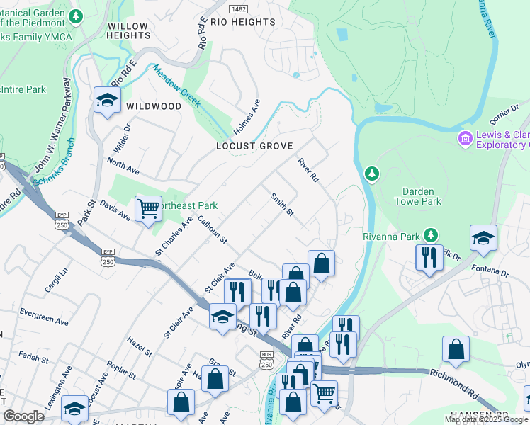 map of restaurants, bars, coffee shops, grocery stores, and more near 1030 Martin St in Charlottesville