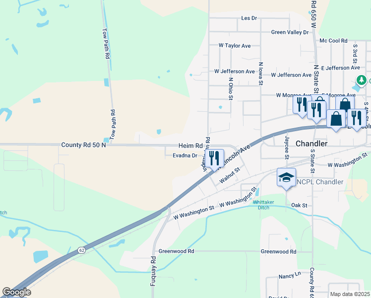 map of restaurants, bars, coffee shops, grocery stores, and more near 7065 County Road 50 North in Chandler