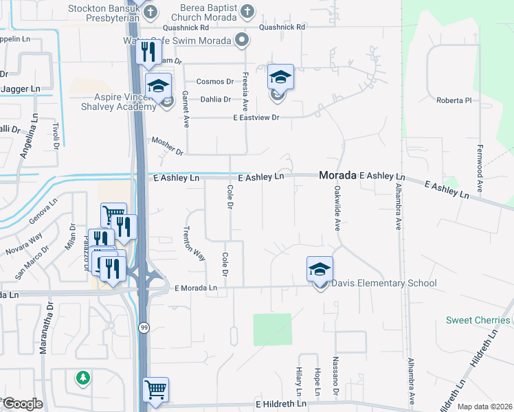 map of restaurants, bars, coffee shops, grocery stores, and more near 9647 Leland Way in Stockton
