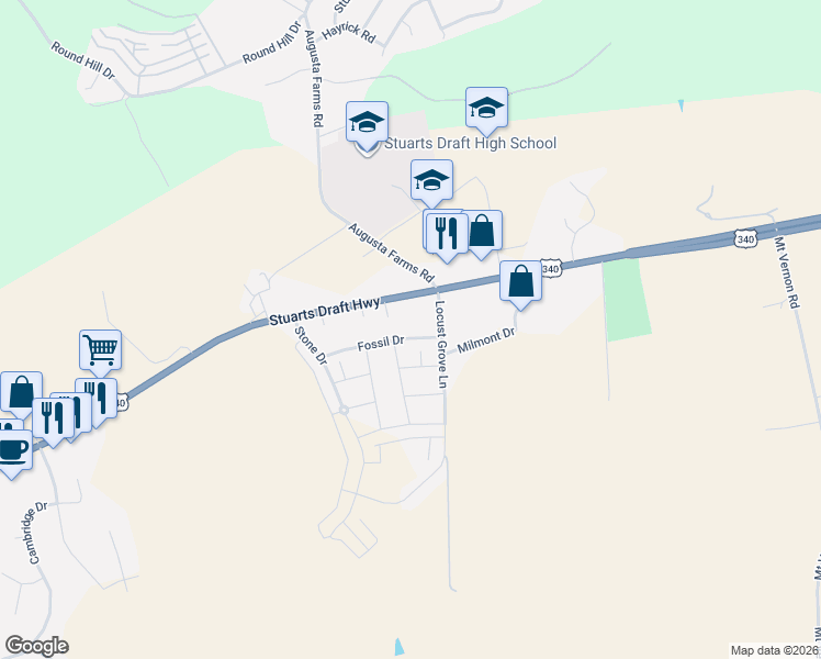 map of restaurants, bars, coffee shops, grocery stores, and more near 9 Fossil Drive in Stuarts Draft
