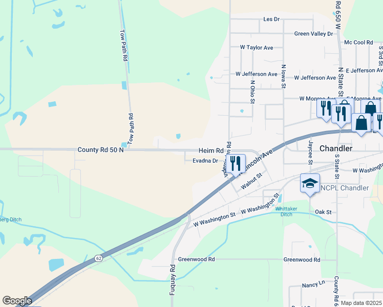 map of restaurants, bars, coffee shops, grocery stores, and more near 7065-7231 Co Road 50 North in Chandler