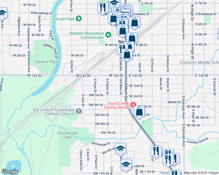 map of restaurants, bars, coffee shops, grocery stores, and more near 121 Southwest 2nd Street in Newton
