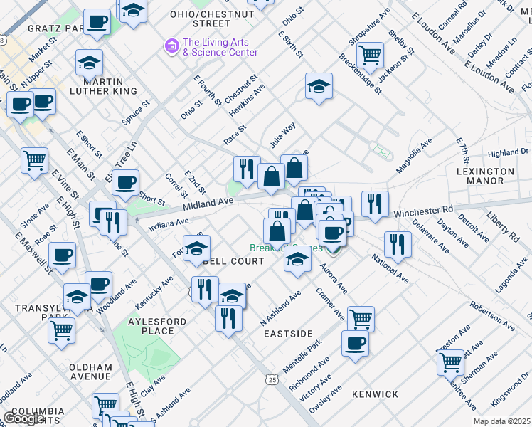 map of restaurants, bars, coffee shops, grocery stores, and more near 270 Midland Avenue in Lexington