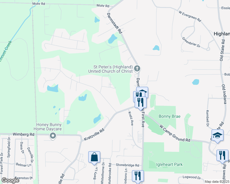 map of restaurants, bars, coffee shops, grocery stores, and more near 1015 Jay Drive in Evansville