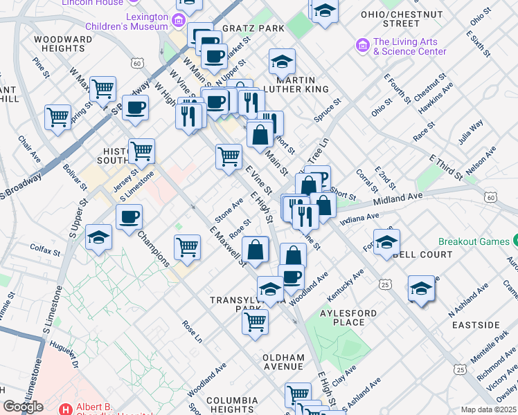 map of restaurants, bars, coffee shops, grocery stores, and more near 270 East High Street in Lexington