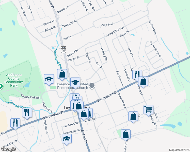 map of restaurants, bars, coffee shops, grocery stores, and more near 98 Poplar Drive in Lawrenceburg