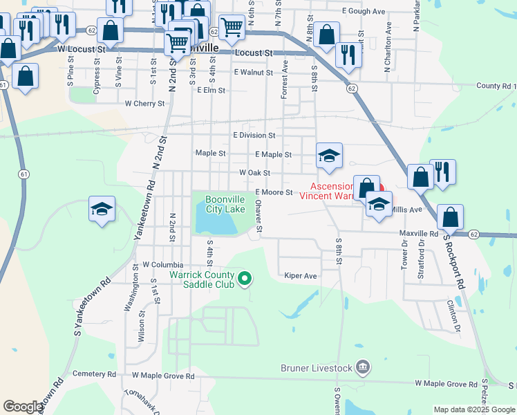 map of restaurants, bars, coffee shops, grocery stores, and more near 901 Ohaven Drive in Boonville