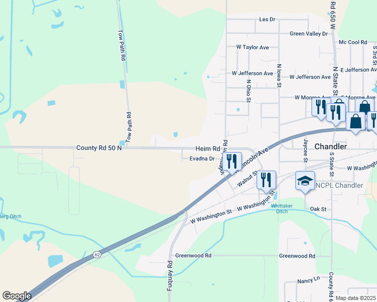 map of restaurants, bars, coffee shops, grocery stores, and more near 7065-7231 Co Road 50 North in Chandler