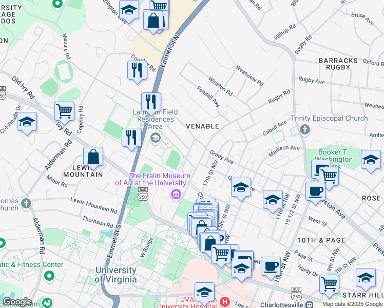 map of restaurants, bars, coffee shops, grocery stores, and more near 68 University Way in Charlottesville