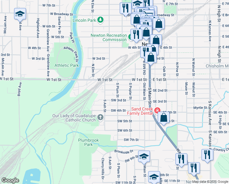 map of restaurants, bars, coffee shops, grocery stores, and more near 307 Southwest 2nd Street in Newton