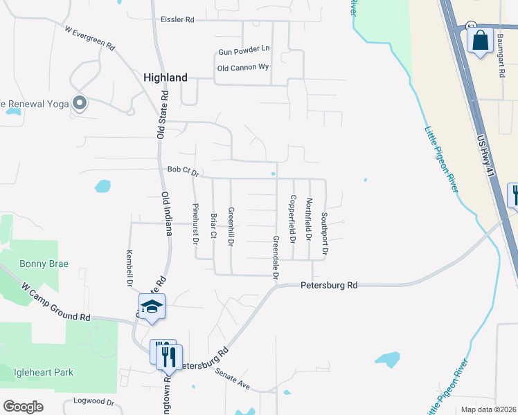 map of restaurants, bars, coffee shops, grocery stores, and more near 526 Barkley Ct in Evansville