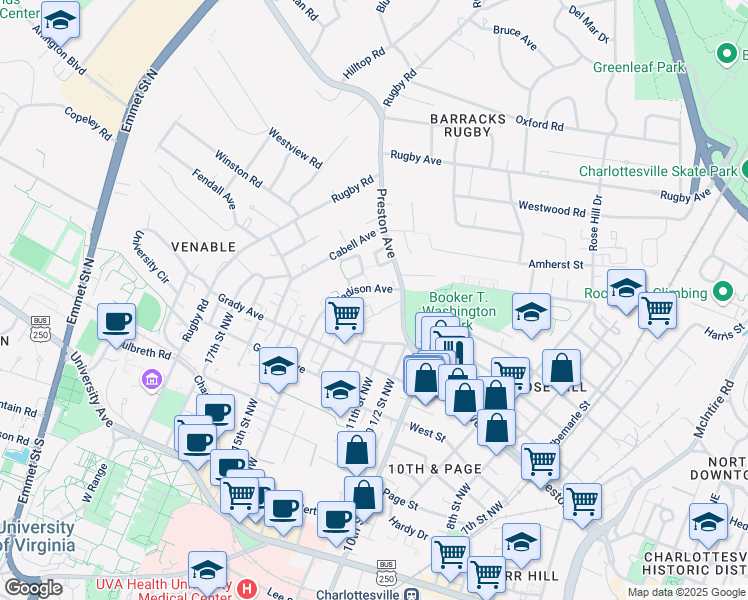 map of restaurants, bars, coffee shops, grocery stores, and more near 734 Madison Avenue in Charlottesville