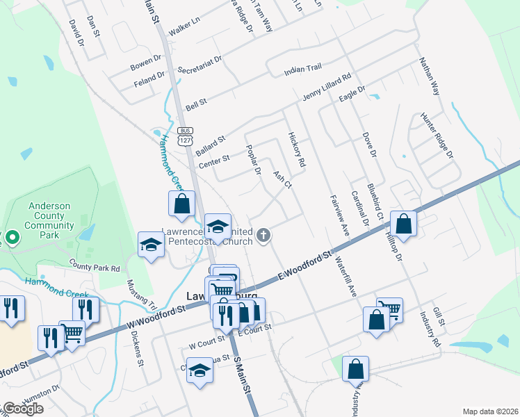 map of restaurants, bars, coffee shops, grocery stores, and more near 506 Hickory Drive in Lawrenceburg