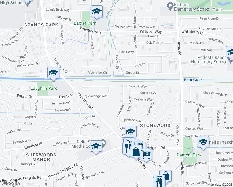 map of restaurants, bars, coffee shops, grocery stores, and more near 2130 Chester Court in Stockton