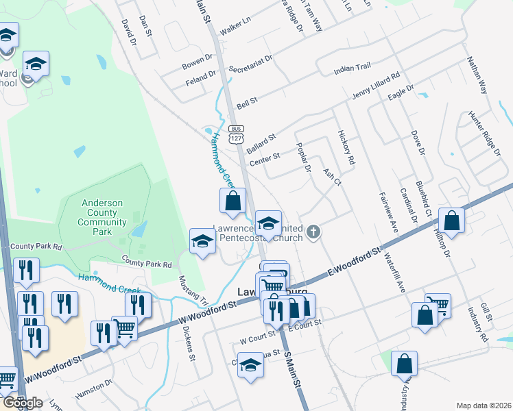 map of restaurants, bars, coffee shops, grocery stores, and more near 224 North Main Street in Lawrenceburg