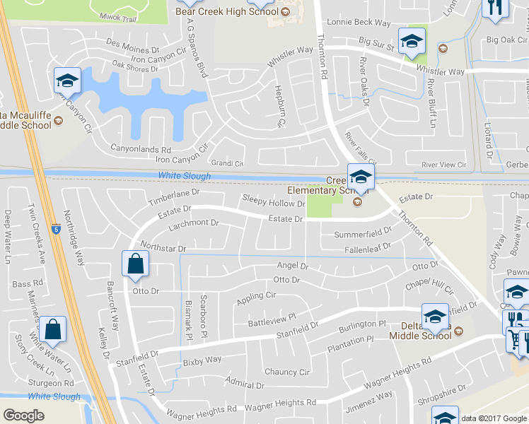 map of restaurants, bars, coffee shops, grocery stores, and more near 3005 Estate Drive in Stockton