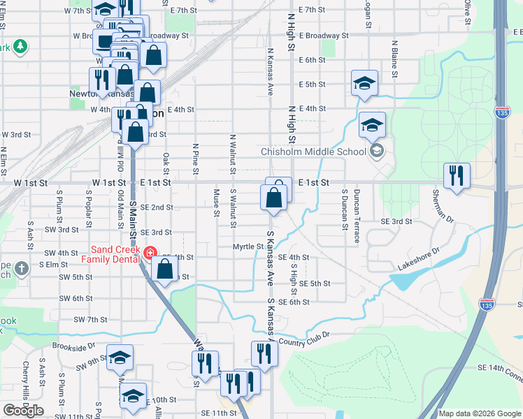 map of restaurants, bars, coffee shops, grocery stores, and more near 202 South Kansas Avenue in Newton
