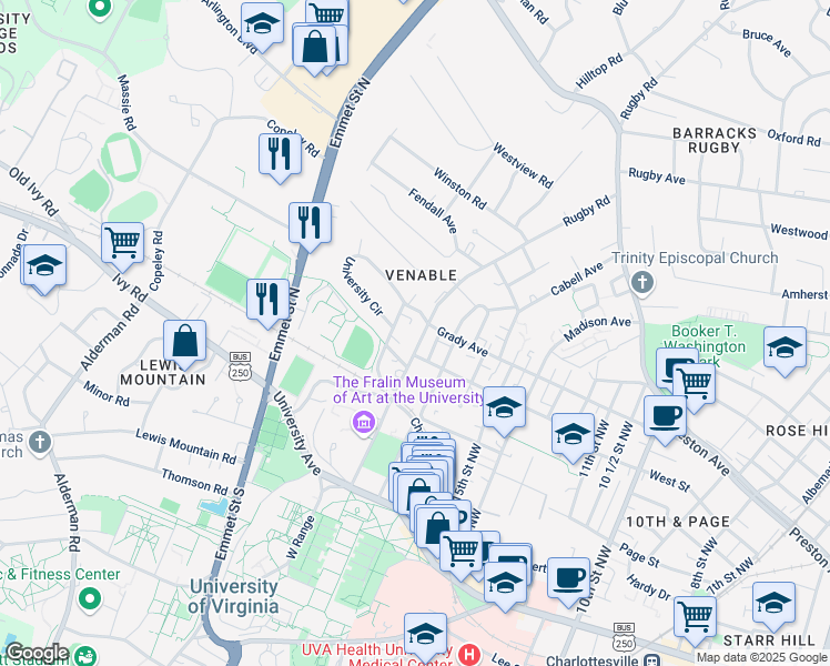 map of restaurants, bars, coffee shops, grocery stores, and more near 515 Rugby Road in Charlottesville