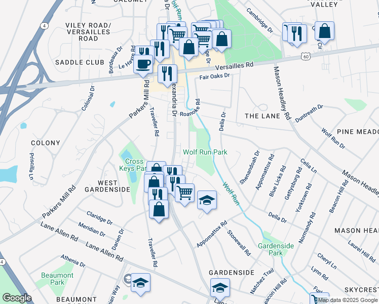 map of restaurants, bars, coffee shops, grocery stores, and more near 1646 Maywick View Lane in Lexington