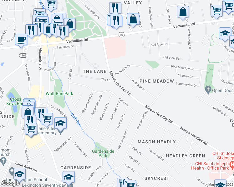 map of restaurants, bars, coffee shops, grocery stores, and more near 965 Celia Lane in Lexington