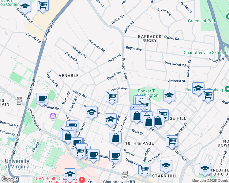 map of restaurants, bars, coffee shops, grocery stores, and more near 780 Madison Avenue in Charlottesville
