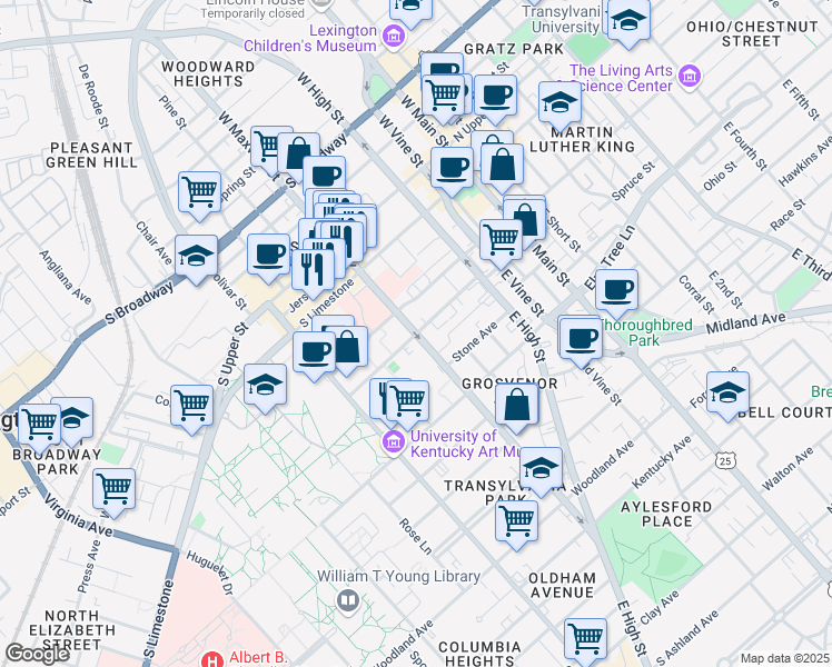 map of restaurants, bars, coffee shops, grocery stores, and more near Lexington Avenue in Lexington
