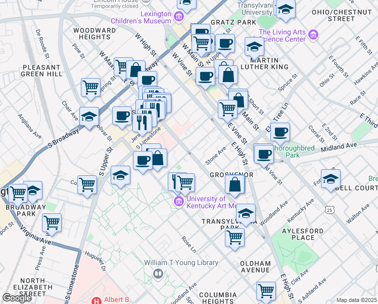 map of restaurants, bars, coffee shops, grocery stores, and more near Lexington Ave in Lexington