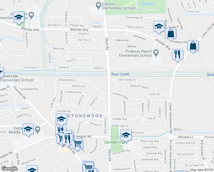map of restaurants, bars, coffee shops, grocery stores, and more near 9836 Overland Place in Stockton
