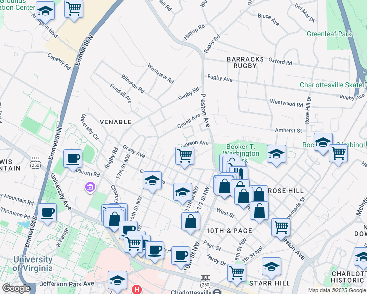 map of restaurants, bars, coffee shops, grocery stores, and more near 715 Madison Avenue in Charlottesville