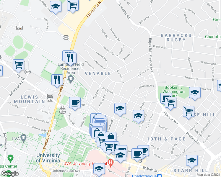 map of restaurants, bars, coffee shops, grocery stores, and more near 1703 Grady Avenue in Charlottesville
