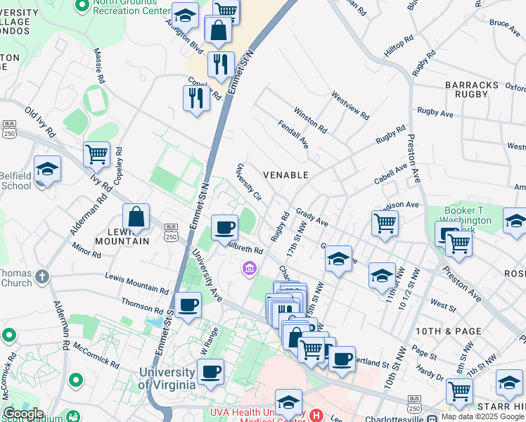 map of restaurants, bars, coffee shops, grocery stores, and more near 1883 University Circle in Charlottesville