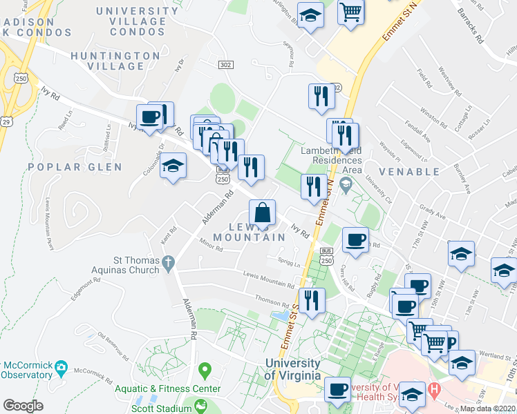 map of restaurants, bars, coffee shops, grocery stores, and more near 101 Bollingwood Road in Charlottesville