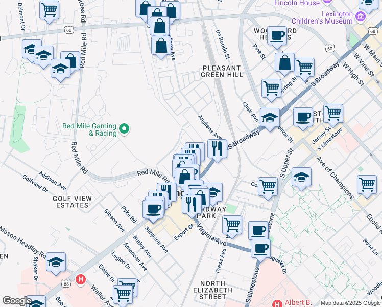 map of restaurants, bars, coffee shops, grocery stores, and more near 843 South Broadway in Lexington