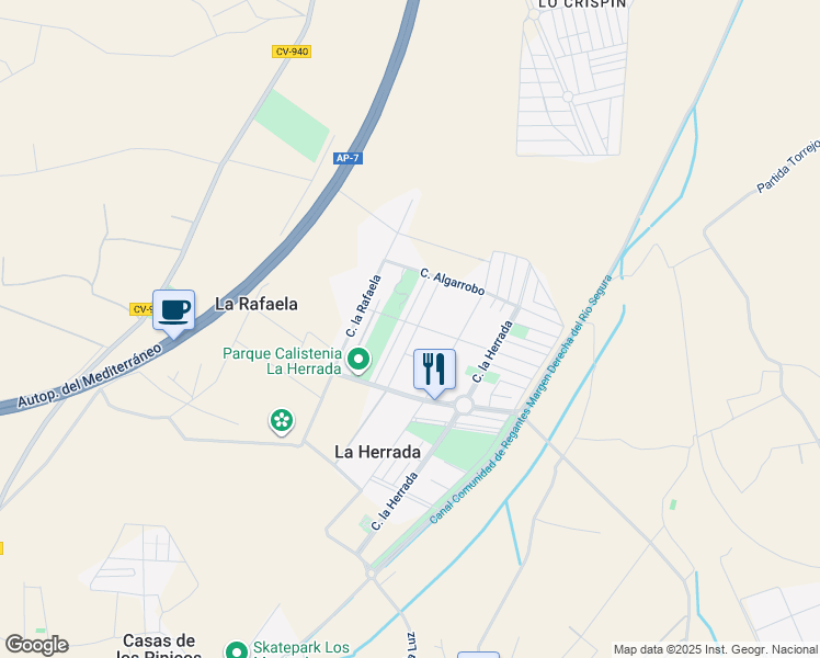 map of restaurants, bars, coffee shops, grocery stores, and more near 530 Calle Chumbera in Los Montesinos
