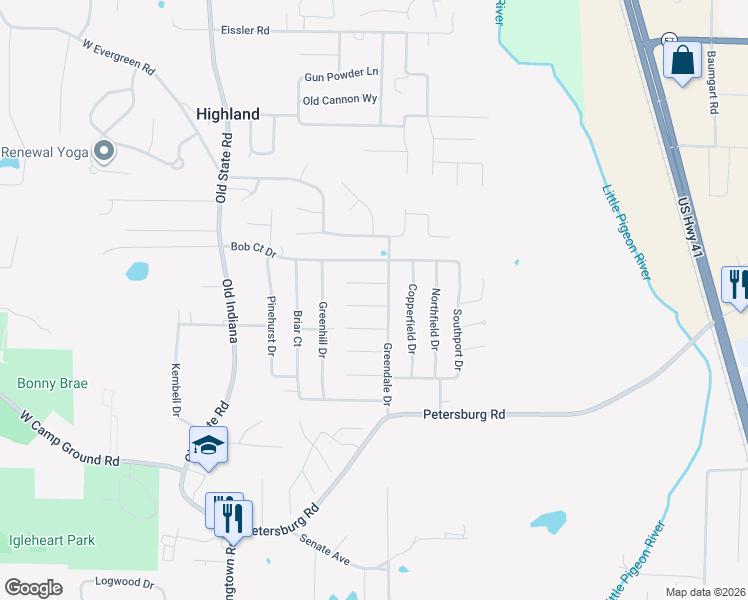 map of restaurants, bars, coffee shops, grocery stores, and more near 526 Barkley Court in Evansville
