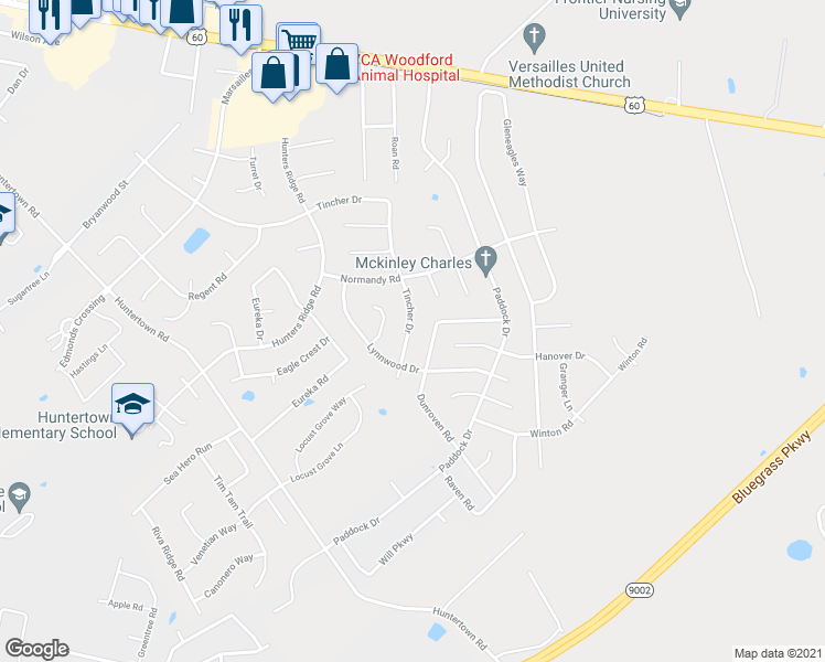 map of restaurants, bars, coffee shops, grocery stores, and more near 512 Tincher Dr in Versailles
