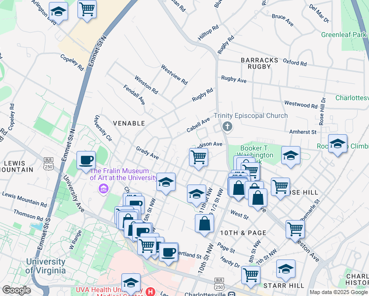 map of restaurants, bars, coffee shops, grocery stores, and more near 713 Madison Avenue in Charlottesville