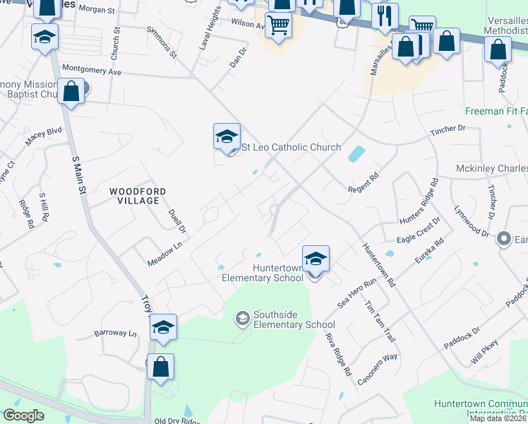 map of restaurants, bars, coffee shops, grocery stores, and more near 174 Shermans Crescent in Versailles