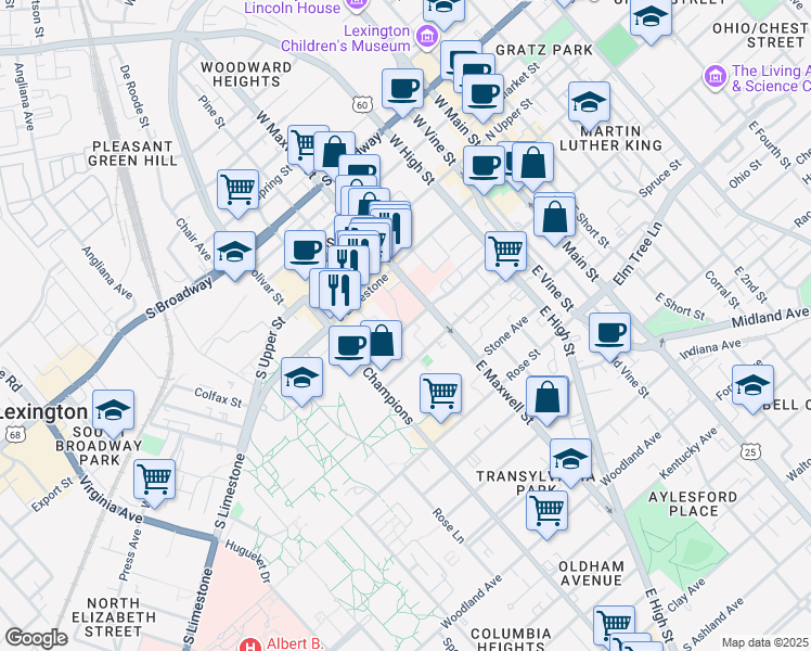 map of restaurants, bars, coffee shops, grocery stores, and more near 329 South Martin Luther King Boulevard in Lexington