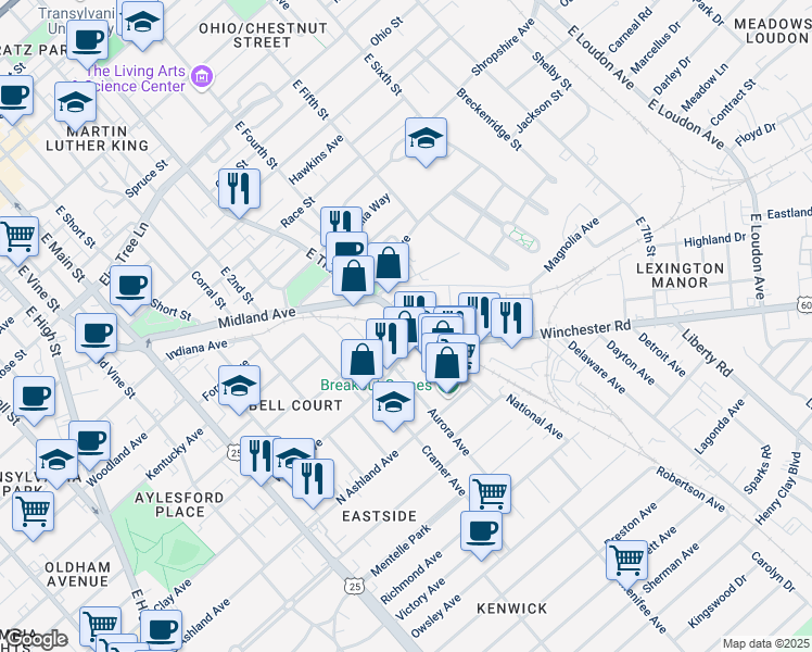 map of restaurants, bars, coffee shops, grocery stores, and more near 628 Winchester Road in Lexington