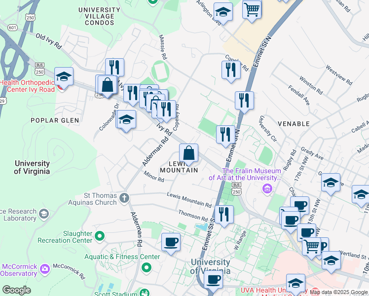 map of restaurants, bars, coffee shops, grocery stores, and more near 101 Bollingwood Road in Charlottesville