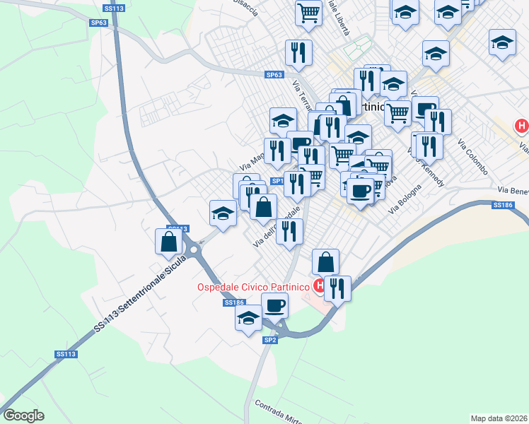 map of restaurants, bars, coffee shops, grocery stores, and more near 28 Via Foscolo in Partinico