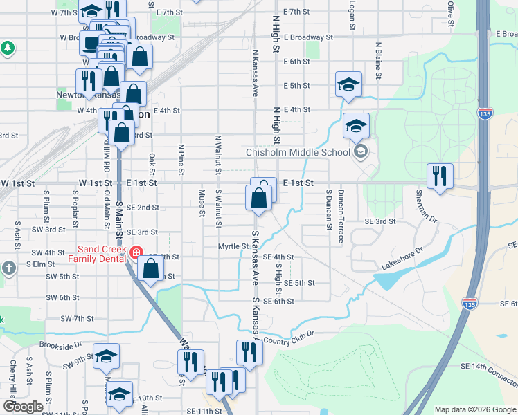 map of restaurants, bars, coffee shops, grocery stores, and more near 202 South Kansas Avenue in Newton