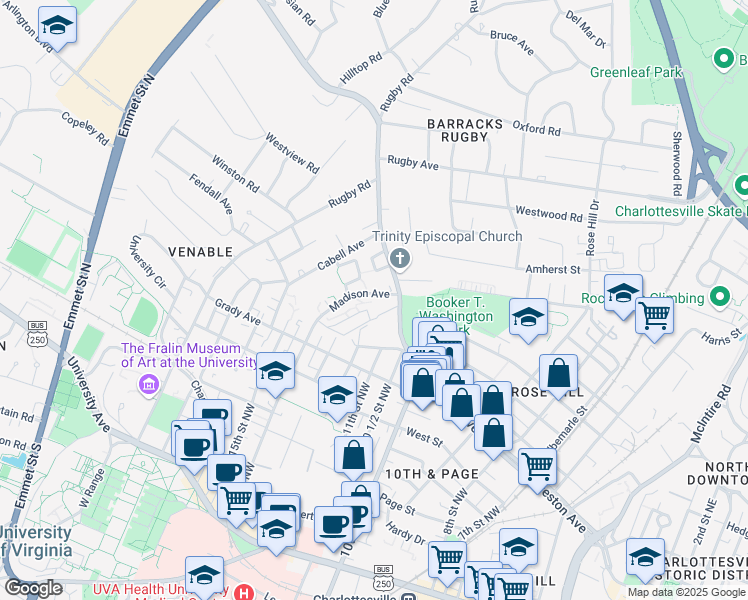 map of restaurants, bars, coffee shops, grocery stores, and more near 740 Madison Avenue in Charlottesville