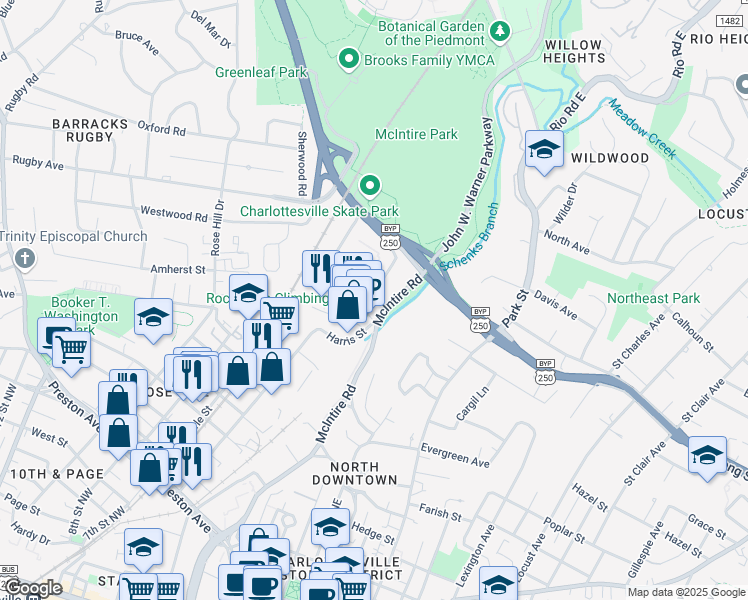 map of restaurants, bars, coffee shops, grocery stores, and more near 203 Hillcrest Road in Charlottesville