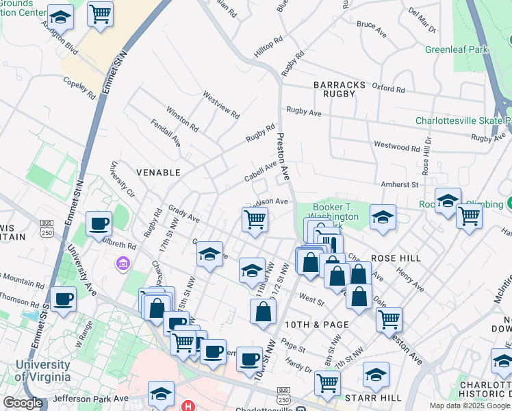 map of restaurants, bars, coffee shops, grocery stores, and more near 715 Madison Avenue in Charlottesville