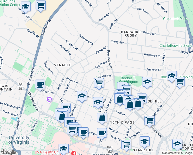 map of restaurants, bars, coffee shops, grocery stores, and more near 715 Madison Avenue in Charlottesville